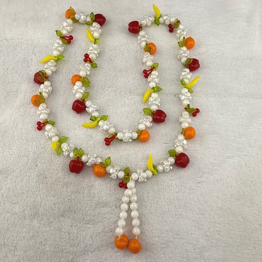 Vintage Necklace White Fruit‎ Charms Red Apple Banana Orange Women 28 in